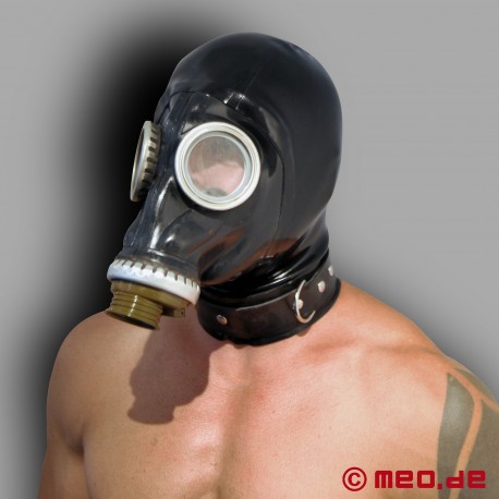 Kinky gas mask with a latex hood and collar
