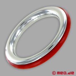 Anel de pénis em aço inoxidável - com incrustação de silicone vermelho