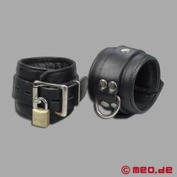 Leather wrist cuffs with time lock for self bondage