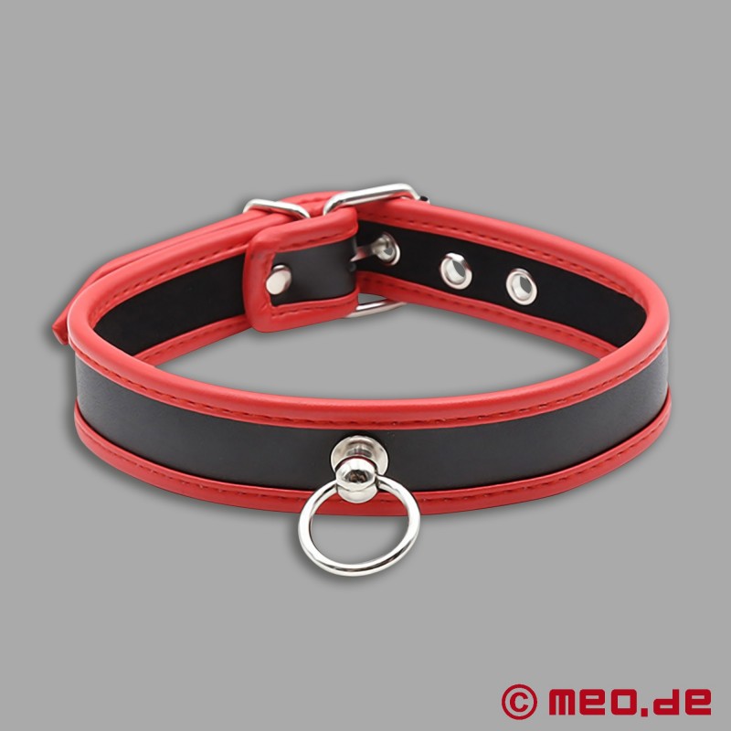 Slavehalsbånd - Smal puppy skinnhalsbånd svart/rødt