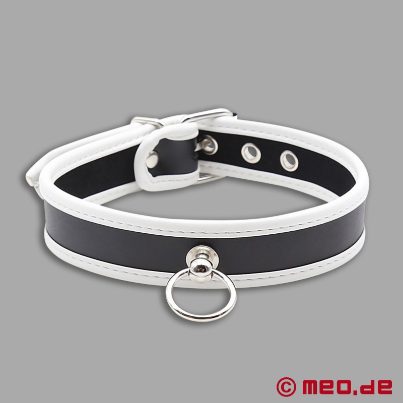 Slavehalsbånd - Smal puppy skinnhalsbånd svart/hvitt