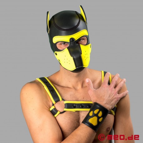 Leather puppy cuff with paw - Leather paw puppy gauntlet – black/yellow