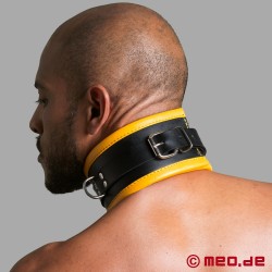 Schwarz / Gelbes Bondage Halsband aus Leder