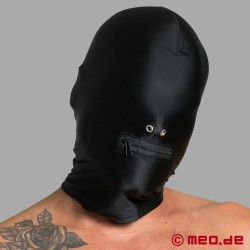 BDSM-mask i spandex med näsborrar och dragkedja i munnen