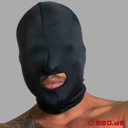 Máscara de fetiche preta para sexo oral - máscara em spandex de dupla camada com abertura para a boca
