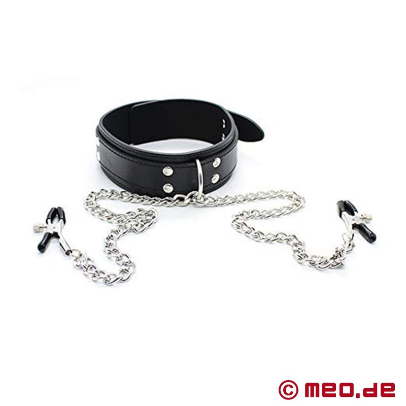 BDSM halsband met tepelklemmen