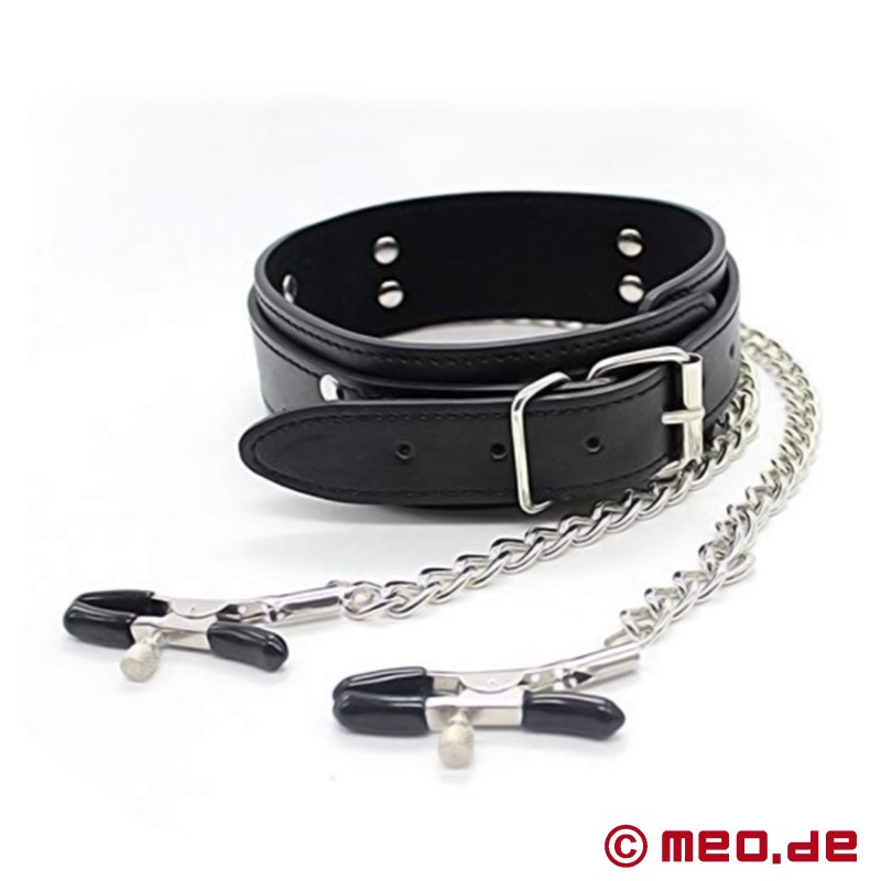 BDSM halsband met tepelklemmen