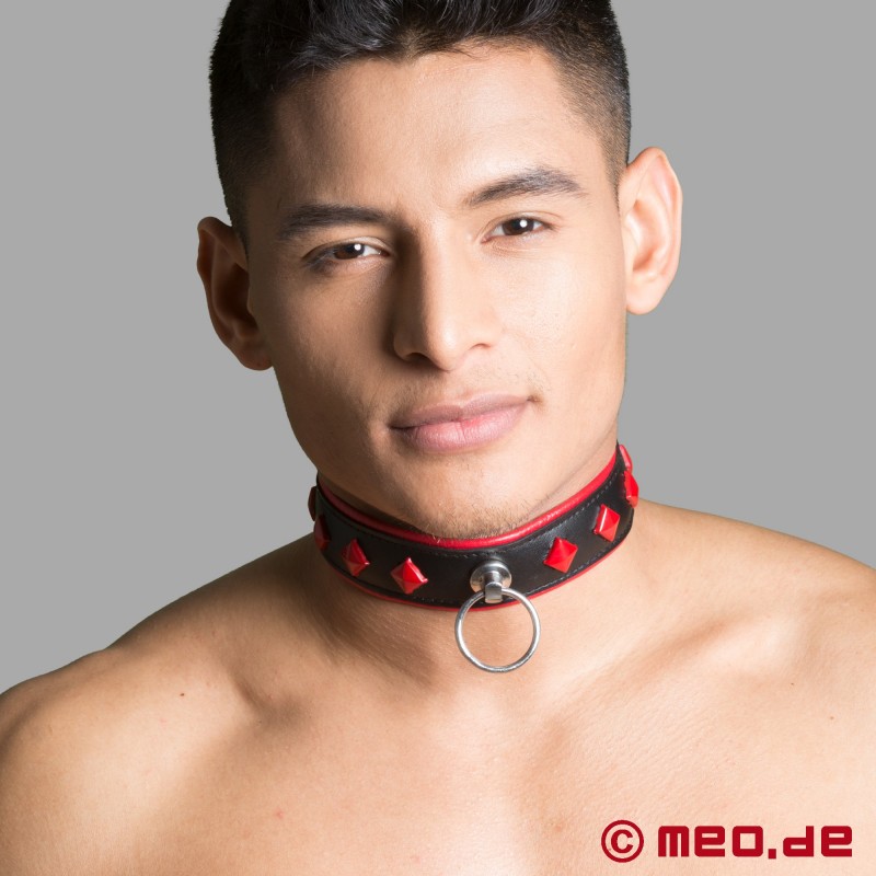 Slavenhalsband met ring en klinknagels - zwart/rood
