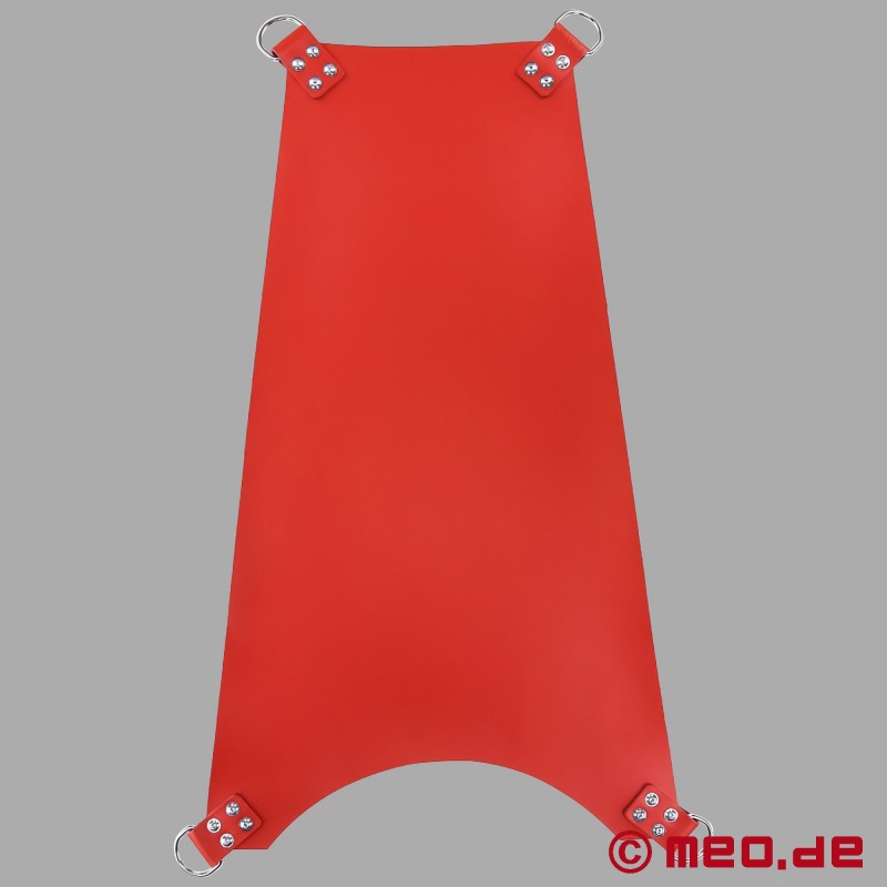 Rød fisting sling-måtte i læder med 4-punkts ophæng 