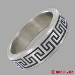 Луксозен пръстен за петел с шарка La Greca - сребро/черно
