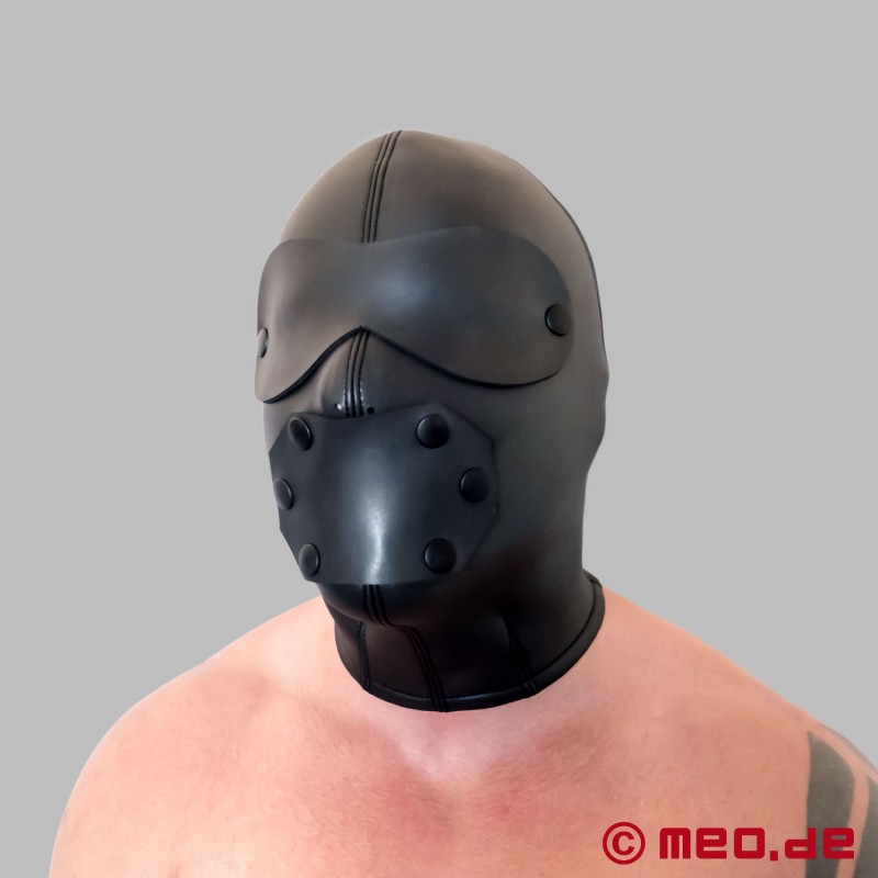 Casquete BDSM de neopreno con antifaz y cubrebocas