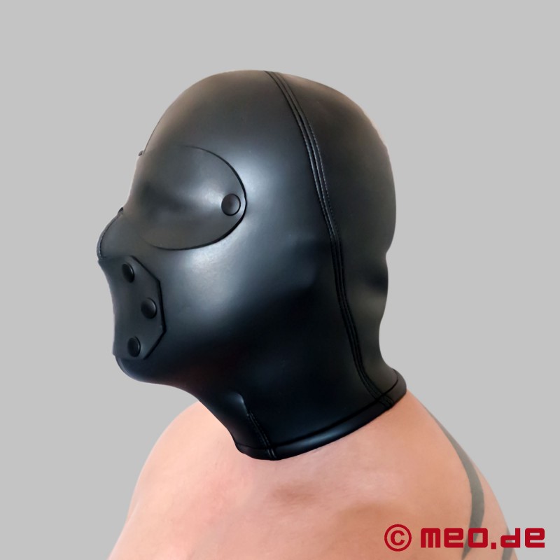 Casquete BDSM de neopreno con antifaz y cubrebocas