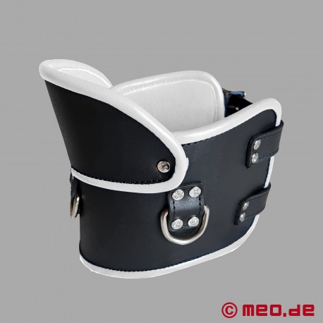Lockable BDSM Posture Collar - black and white leather