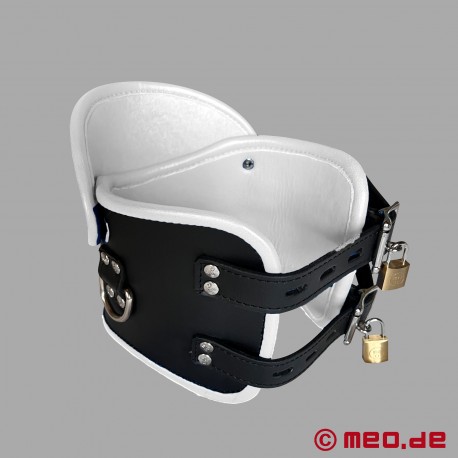 Lockable BDSM Posture Collar - black and white leather