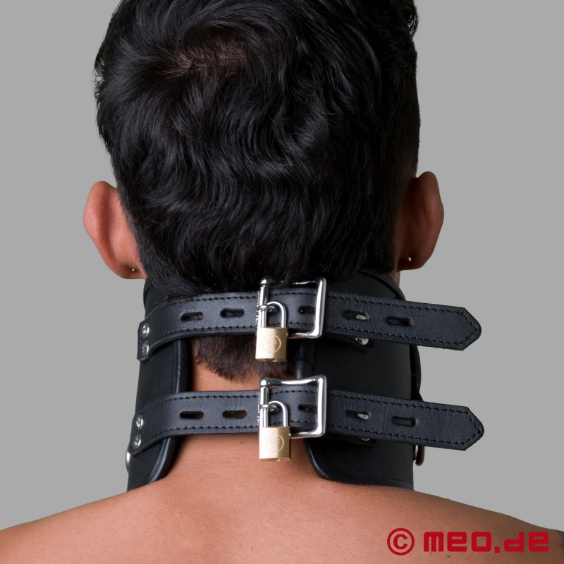 BDSM Posture Collar μαύρο δέρμα, με δυνατότητα κλειδώματος