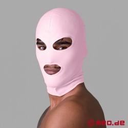 Ağız ve gözler için açıklıkları olan pembe fetiş maskesi