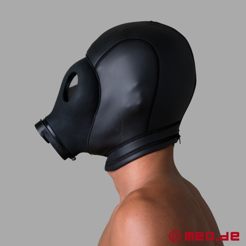 Capucha de neopreno con máscara de gas BDSM