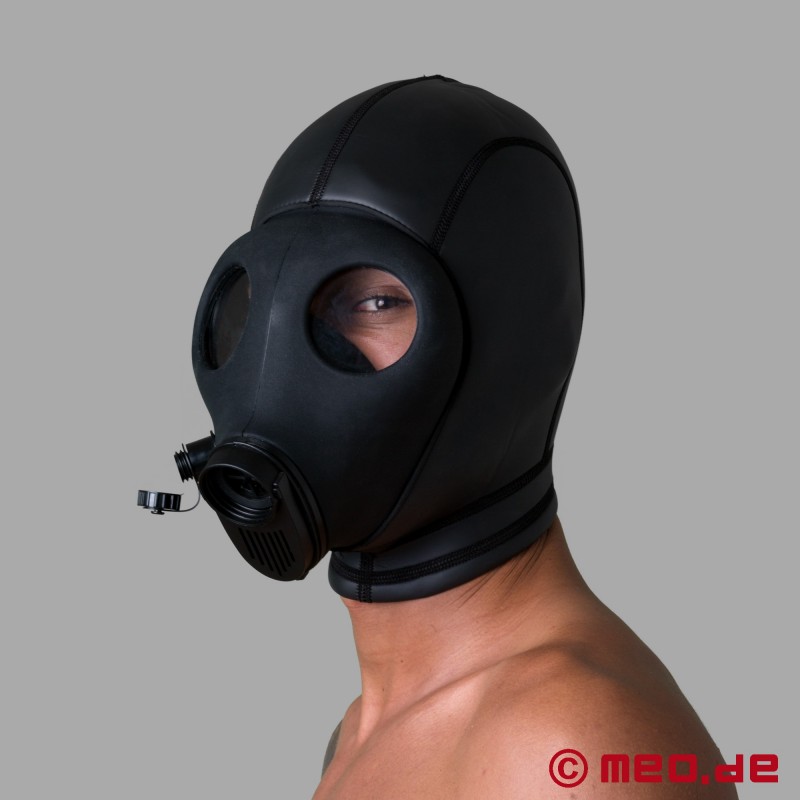 Capucha de neopreno con máscara de gas BDSM