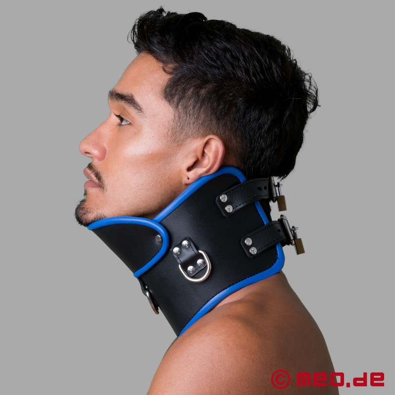 Abschließbares Posture Collar aus Leder – schwarz/blau