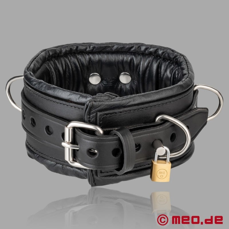 BDSM Collar, Leather, Padded, Lockable, with D-Rings - San Francisco Collection