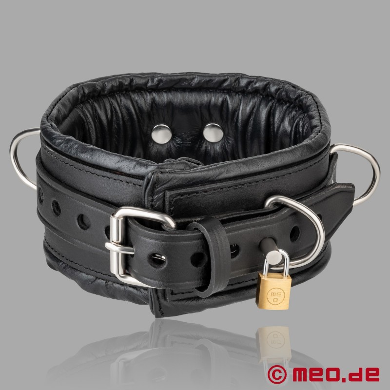 BDSM collar in leather, lockable, padded with D-rings - SAN FRANCISCO