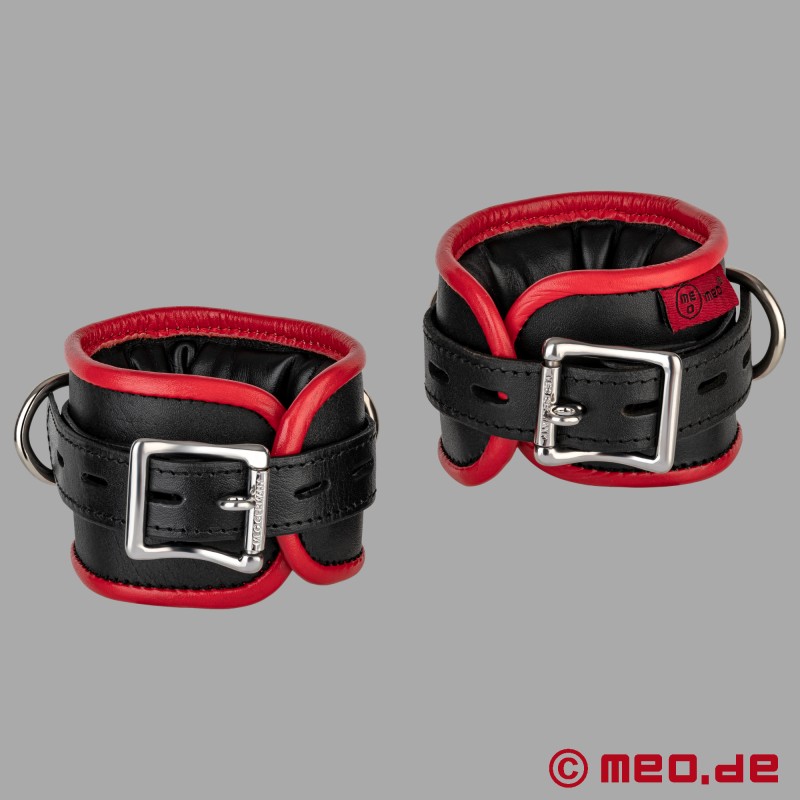 Leather wrist cuffs, padded - black / red - AMSTERDAM