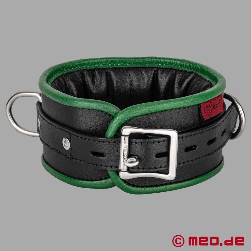 BDSM-halsband av läder, vadderat, svart/grönt, Amsterdam Collection - 1
