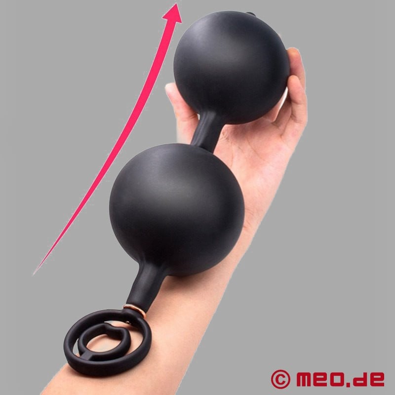 Inflatable XL anal beads with weights and a cock ring