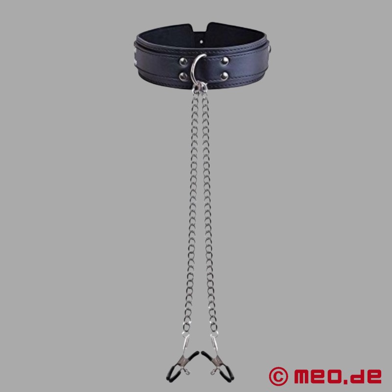 BDSM halsband met tepelklemmen - veganistisch pelleer