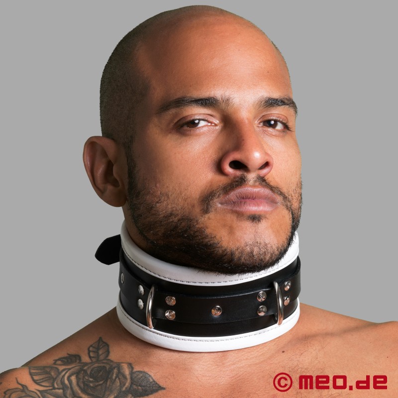 Colier BDSM din piele - negru alb