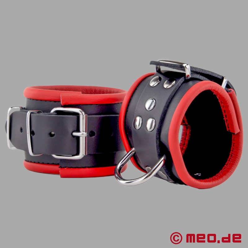 Leather ankle cuffs, padded - black / red