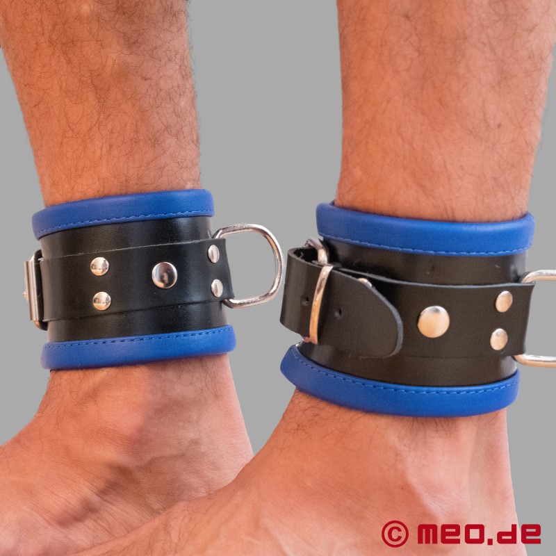 Leather ankle cuffs, padded - black / blue