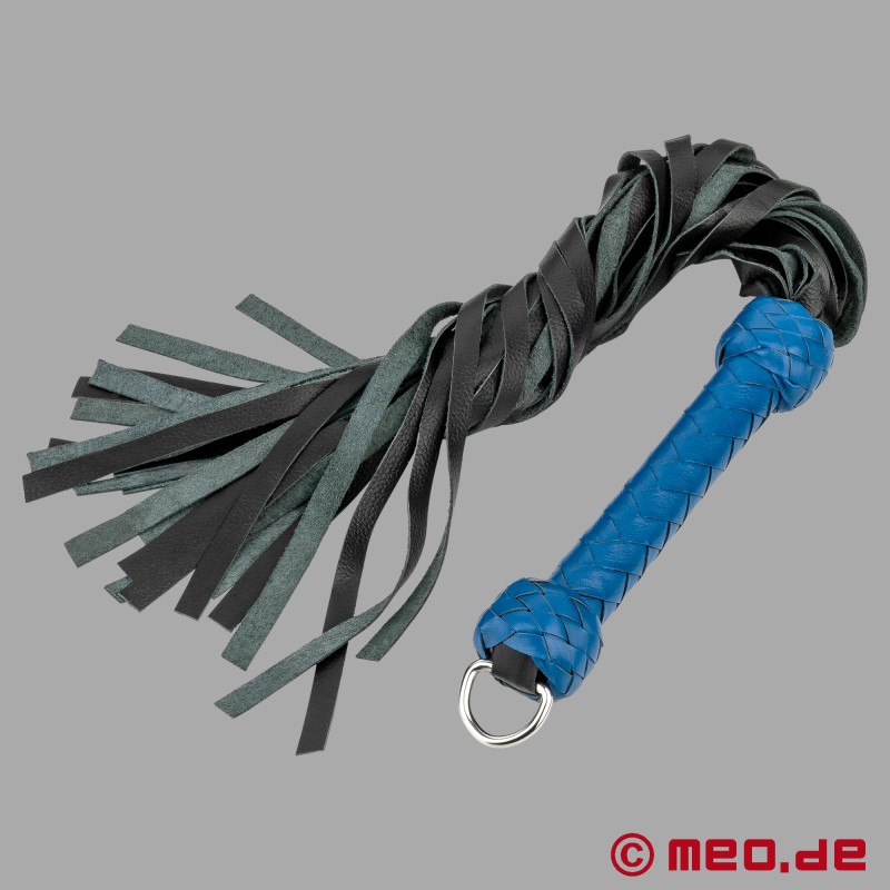 BDSM flogger made of blue and black leather