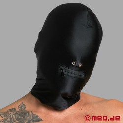 Maschera sadomaso in spandex con narici e cerniera per la bocca