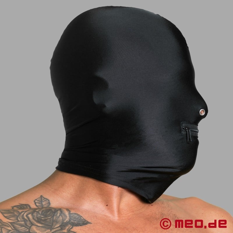 Maschera sadomaso in spandex con narici e cerniera per la bocca