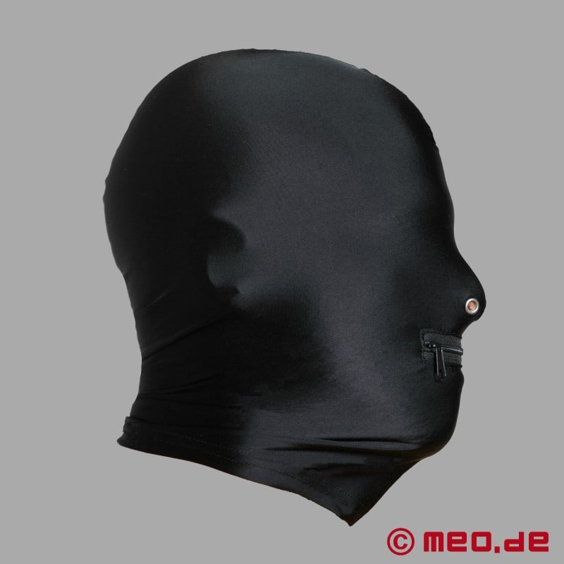 Maschera sadomaso in spandex con narici e cerniera per la bocca