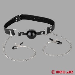 Ball gag with nipple clamps