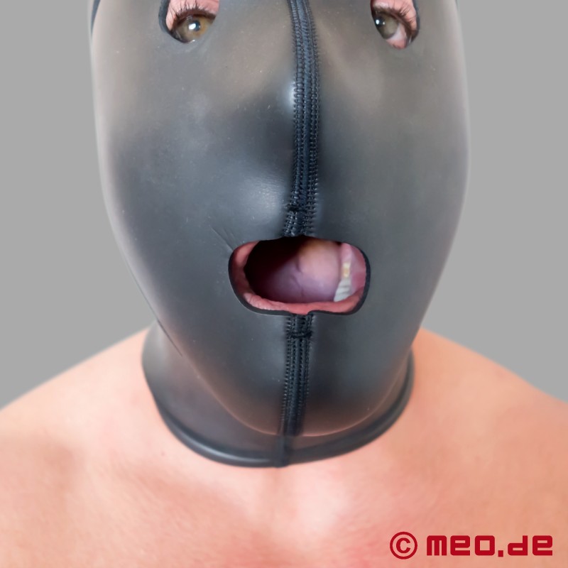 Neoprene BDSM hood with eye and mouth opening