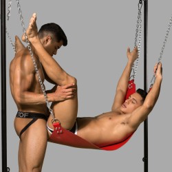 Red sling for anal fisting - made of leather with 4-point suspension