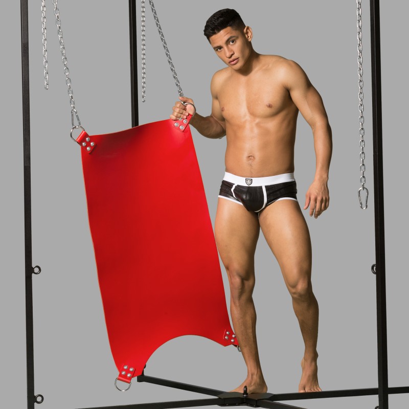 Red sling for anal fisting - made of leather with 4-point suspension