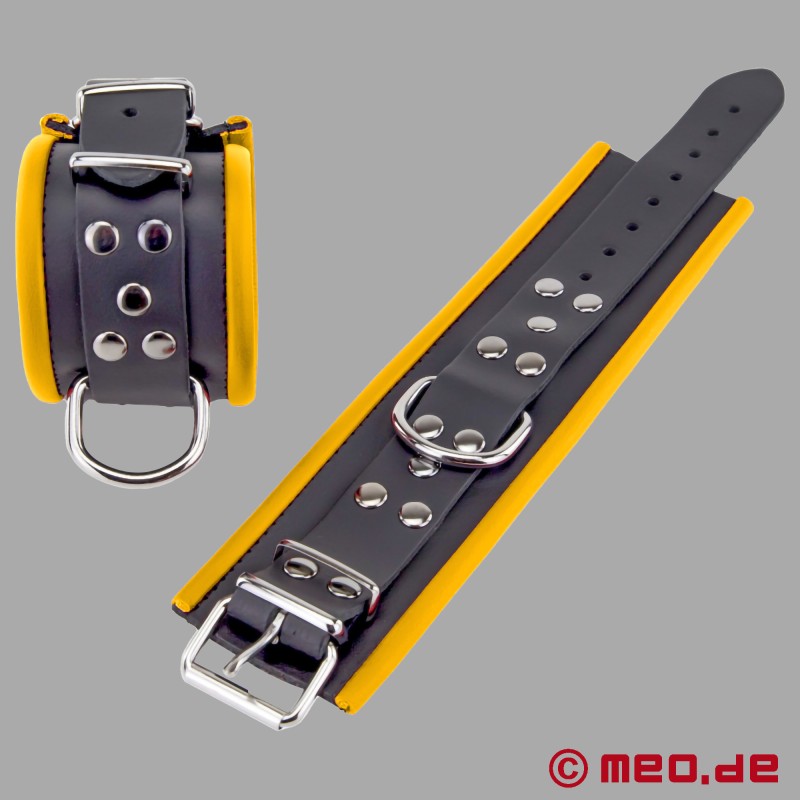 Leather ankle restraints, padded - black / yellow