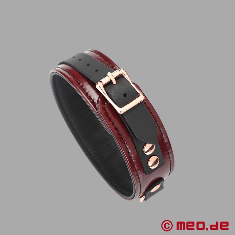 BDSM leather collar with leash, bordeaux, padded - NOBLESSE