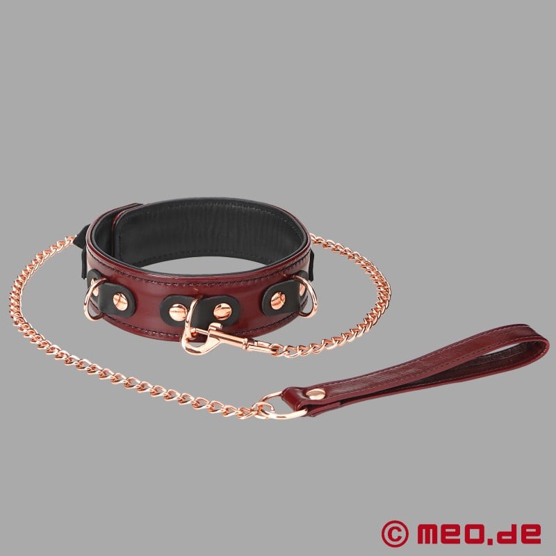 BDSM läderhalsband med koppel, bordeaux, vadderat - NOBLESSE