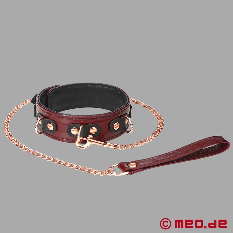 BDSM leather collar with leash, bordeaux, padded - NOBLESSE