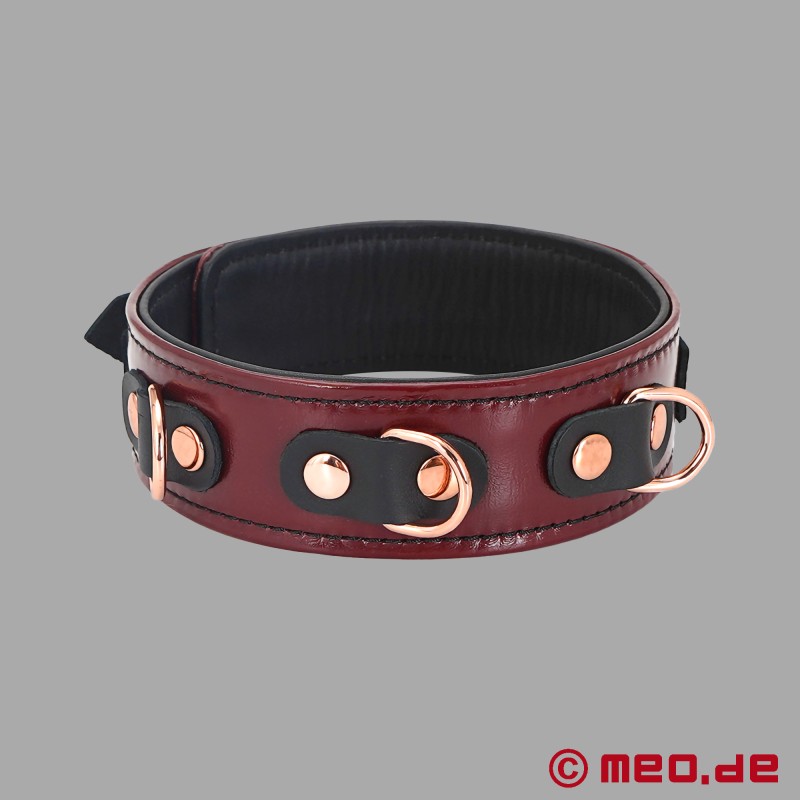 BDSM lederen halsband met riem, bordeaux, gewatteerd - NOBLESSE