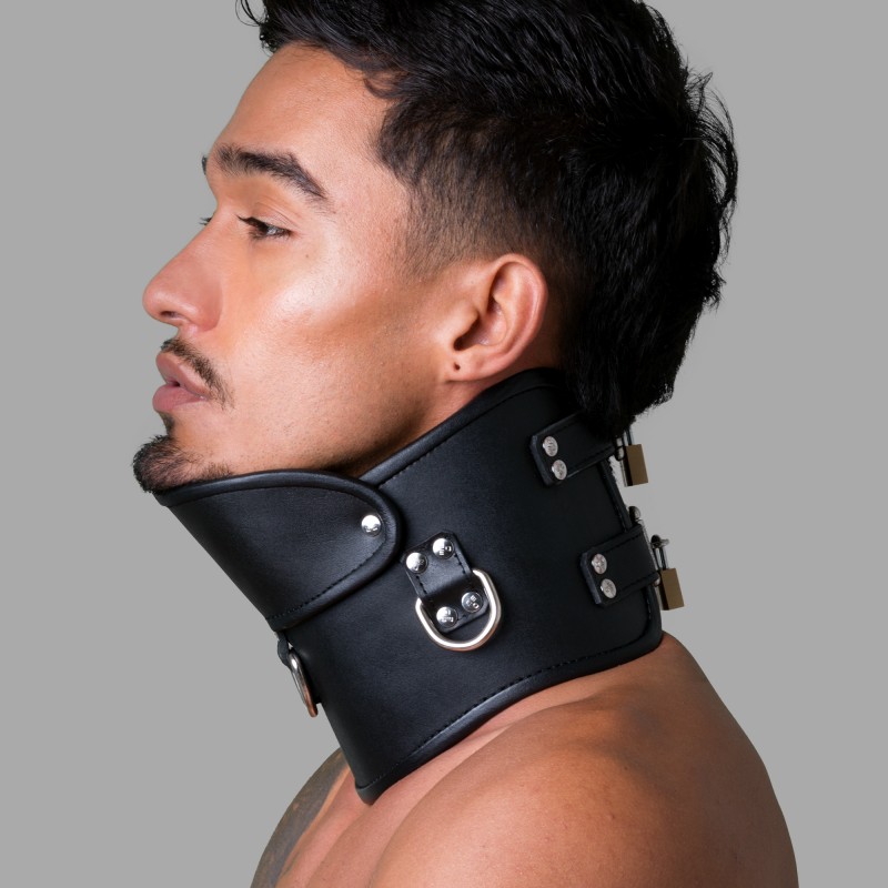 BDSM Posture Collar lavet af sort læder, kan låses - 1