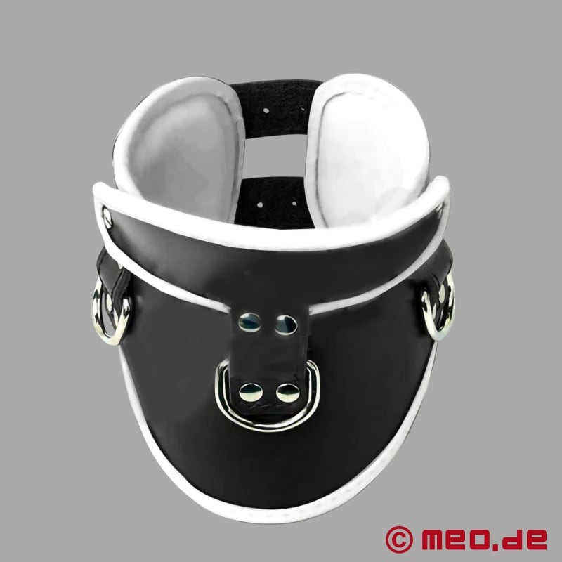 Lockable BDSM Posture Collar - black and white leather