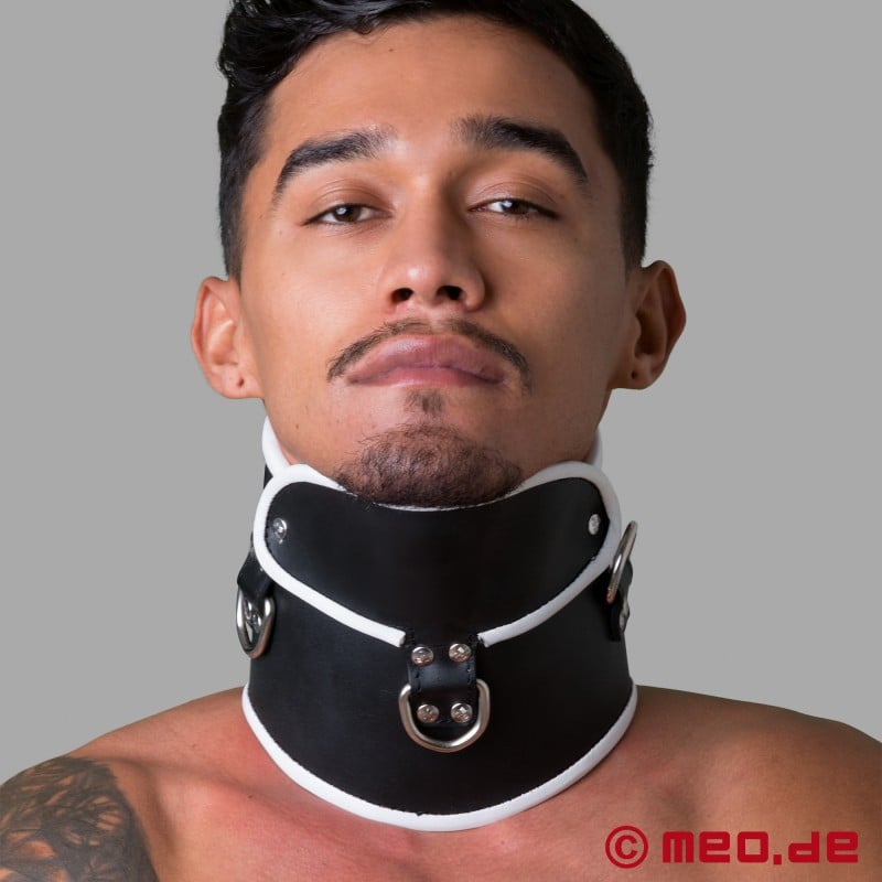 Lockable BDSM Posture Collar - black and white leather