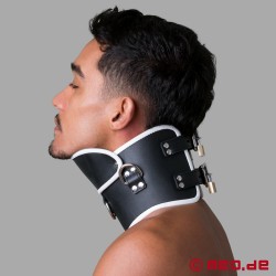 Lockable BDSM Posture Collar - black and white leather