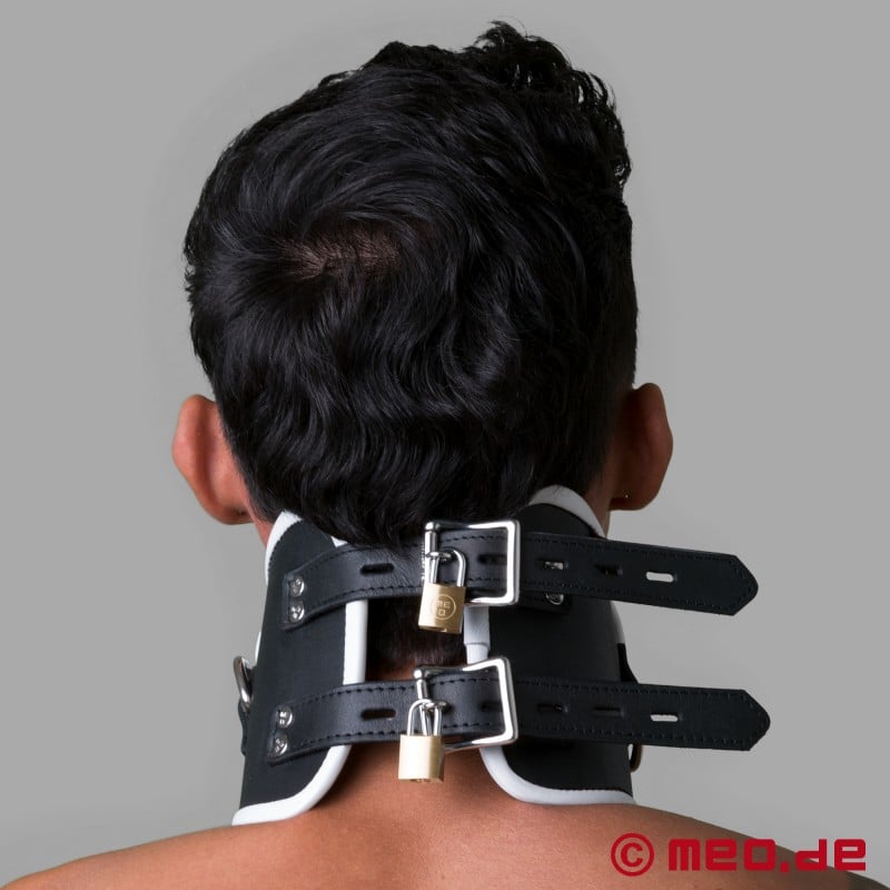 Lockable BDSM Posture Collar - black and white leather